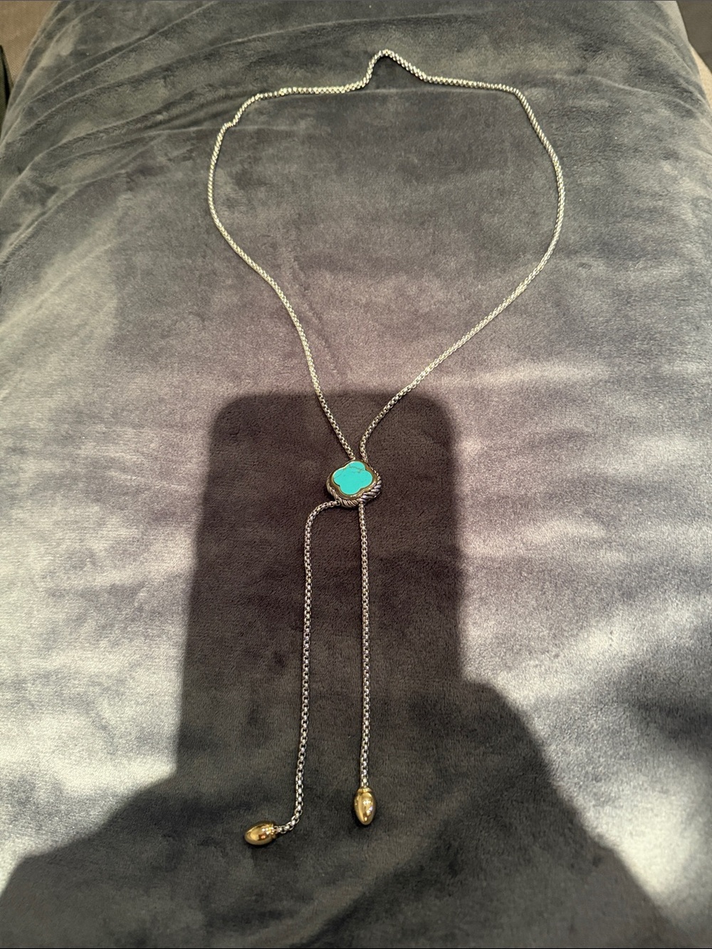 Silver Lariat Necklace with Turquoise Clover Pendant